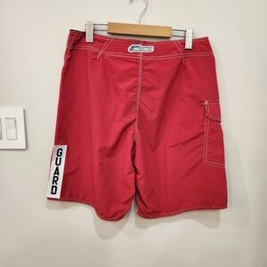 Original Watermen Lifeguard Shorts Mens 32 Red Nylon Drawstring Pockets Beach